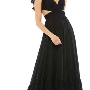 Mac Duggal 67911 Black Plunge Neck, Backless Chiffon Cut-out Gown